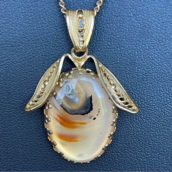 Vintage Montana Agate Pendant Necklace Gold Tone Filigree OOAK Unusual 24”L - Picture 7 of 8